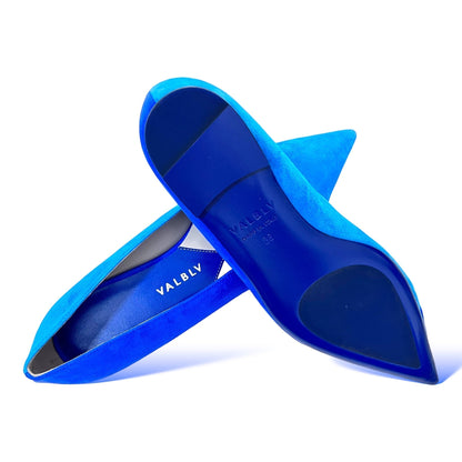V A L B L V Sea and Sky blue suede pointed toe ballerina flats with signature leather soles, handmade in Italy.