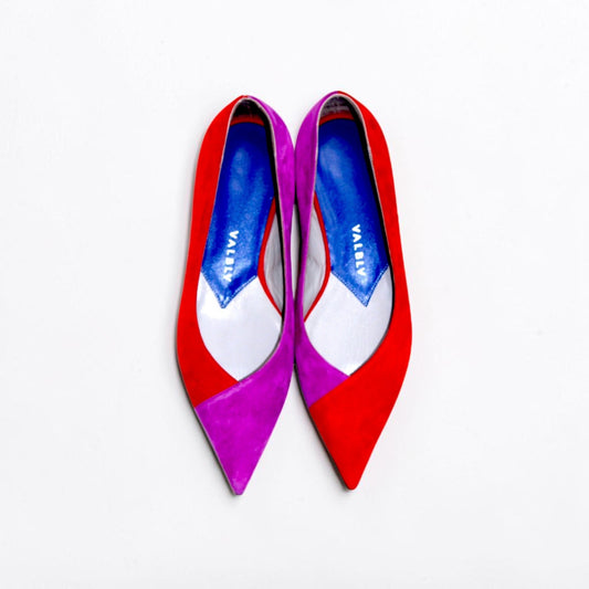 V A L B L V Graphik pointed toe flat ballerina shoes in magenta and fire red suede with a modern asymmetric design.