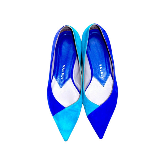 V A L B L V pointed toe ballerina flats in Sea and Sky blue suede with a modern asymmetric color-blocked design.