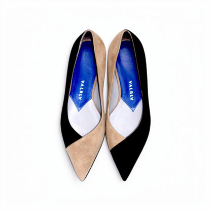 V A L B L V pointed toe ballerina flats in coal and sand suede with a modern asymmetrical design and blue insoles.