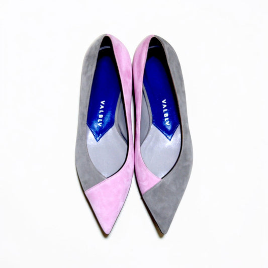 V A L B L V Graphik pointed toe ballerina flats in cement grey and blush pink suede with blue branded insoles