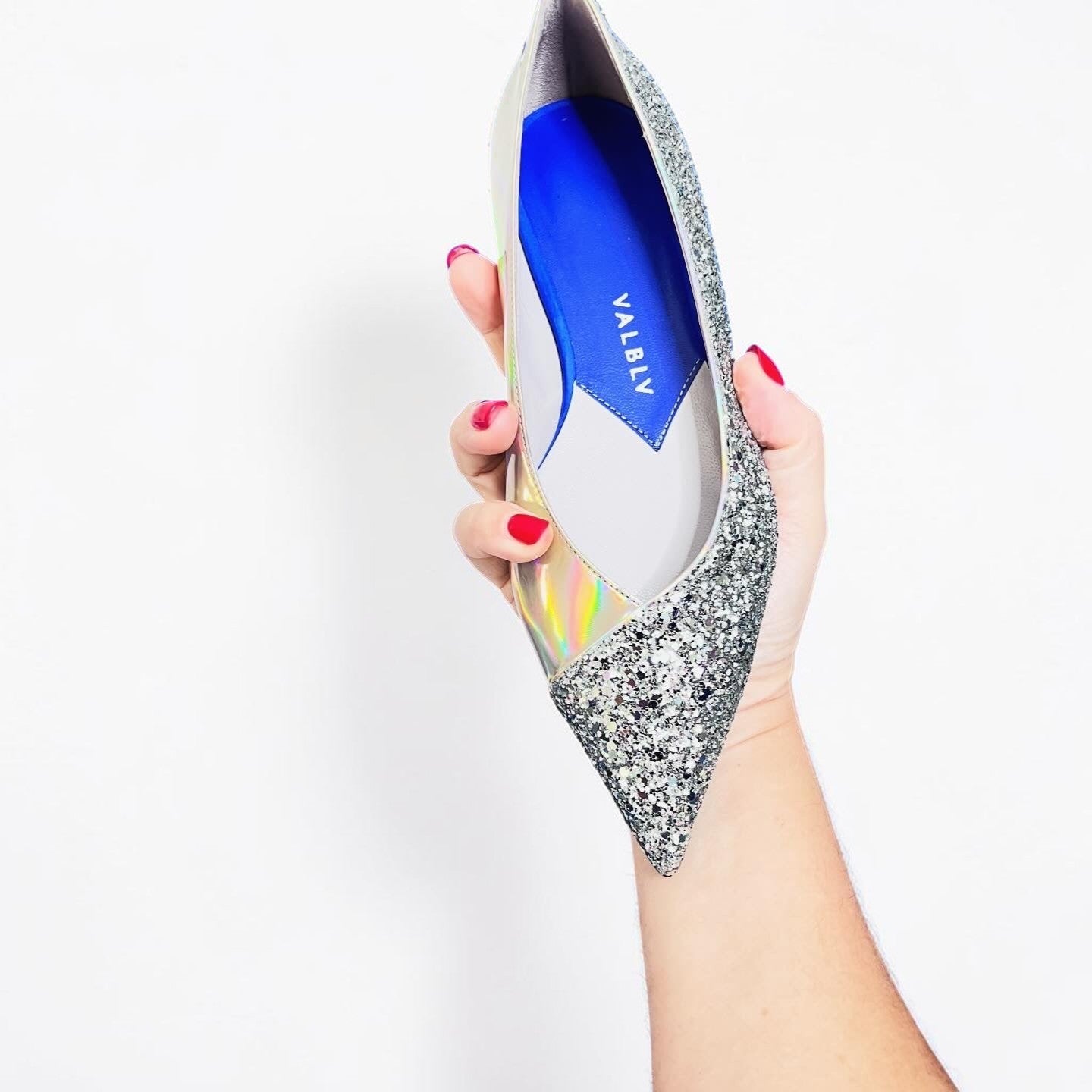 V A L B L V pointed toe ballerina flat in silver glitter and reflective stardust patent leather with blue insole