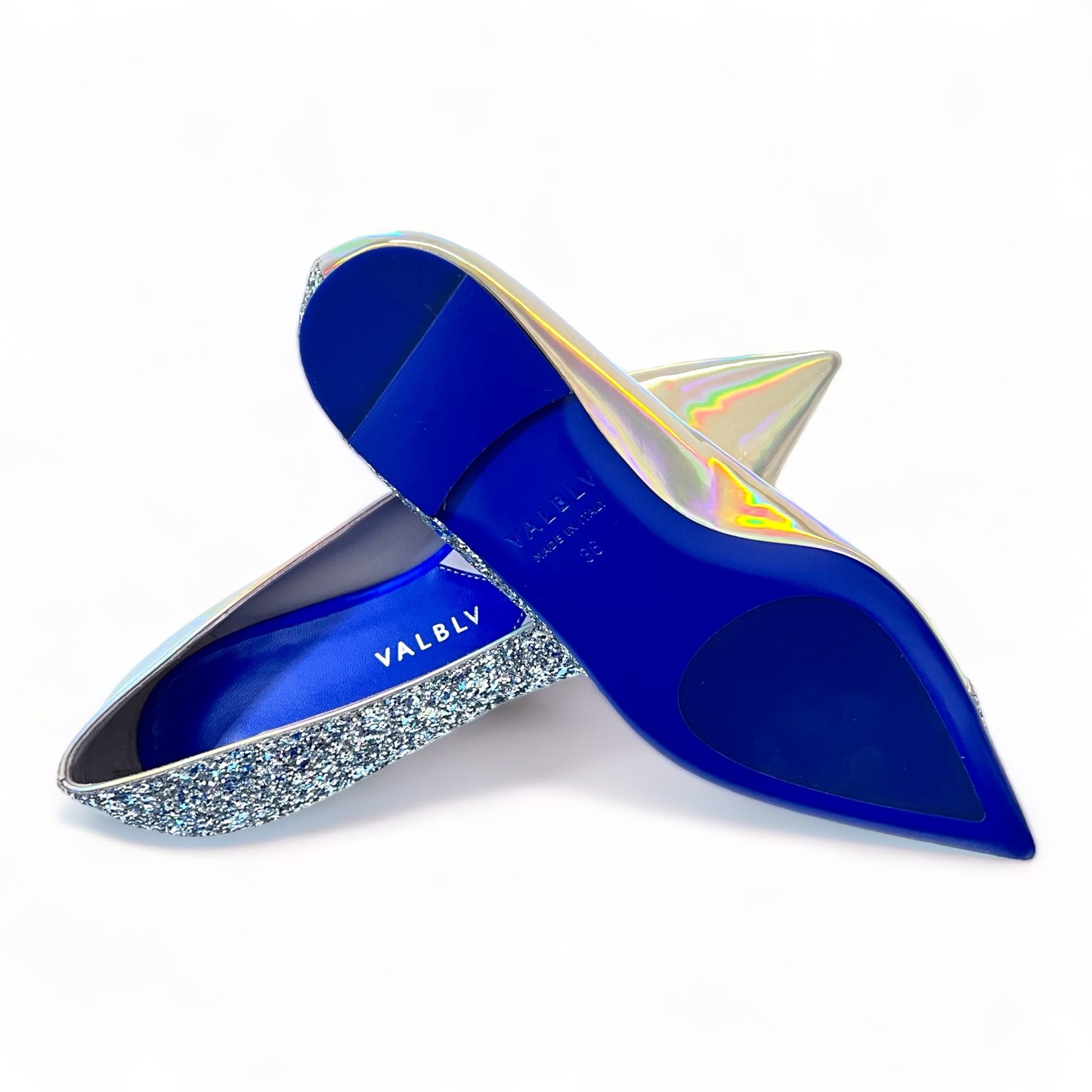 VALBLV Graphik silver glitter flat — sole view, Silver Stardust patent leather detail, handmade in Italy