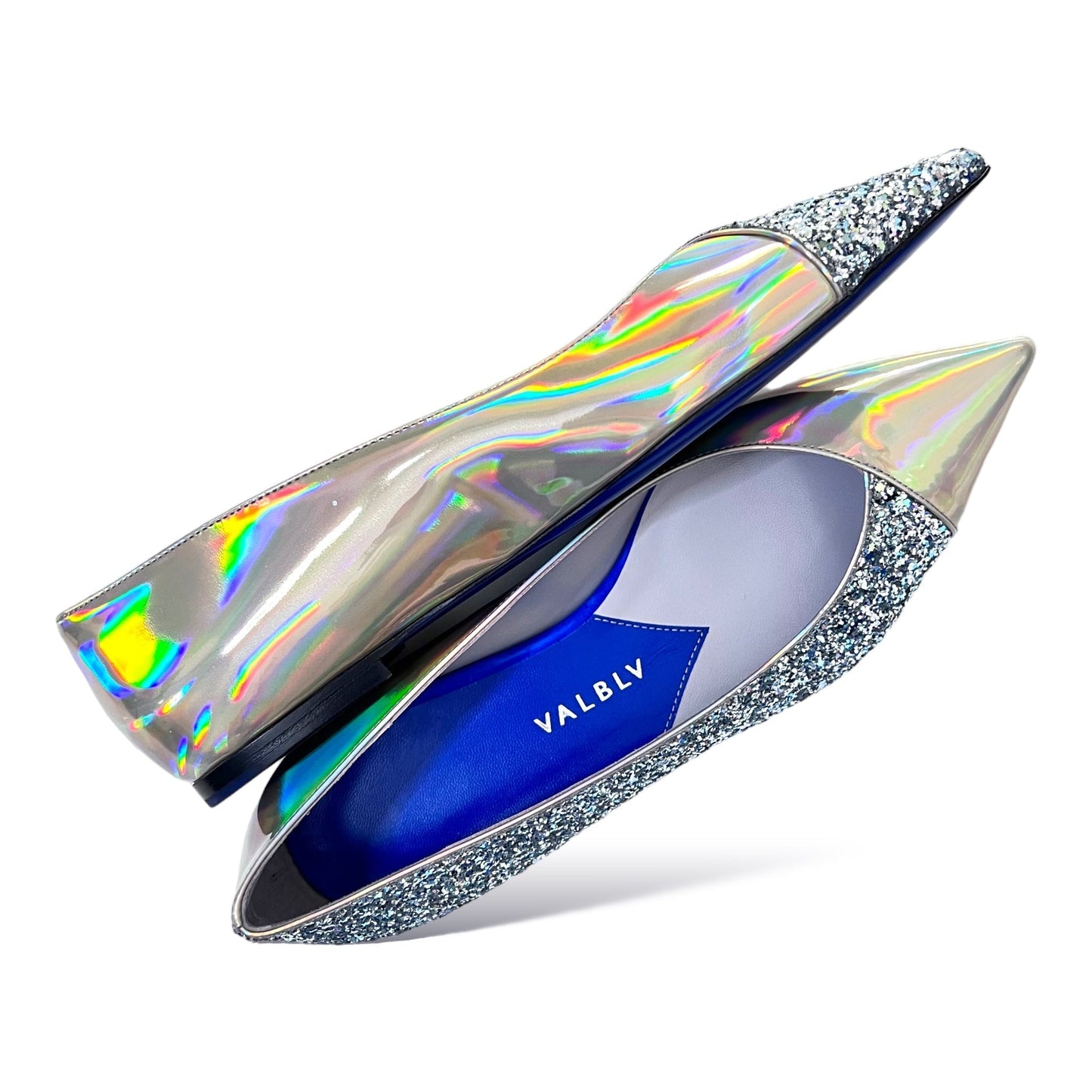 VALBLV Graphik pointed toe flat in iridescent  Silver Glitter and Silver Stardust iridescent patent leather — side view, handmade in Italy