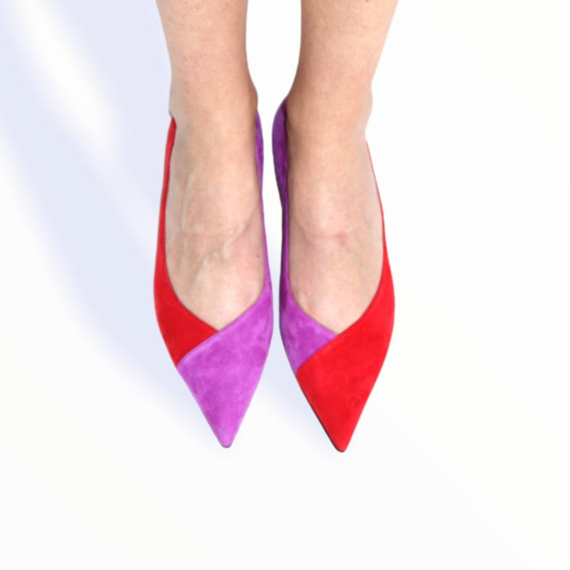 VALBLV Graphik Magenta and Fire suede flat — back view, signature leather sole with anti-slip island