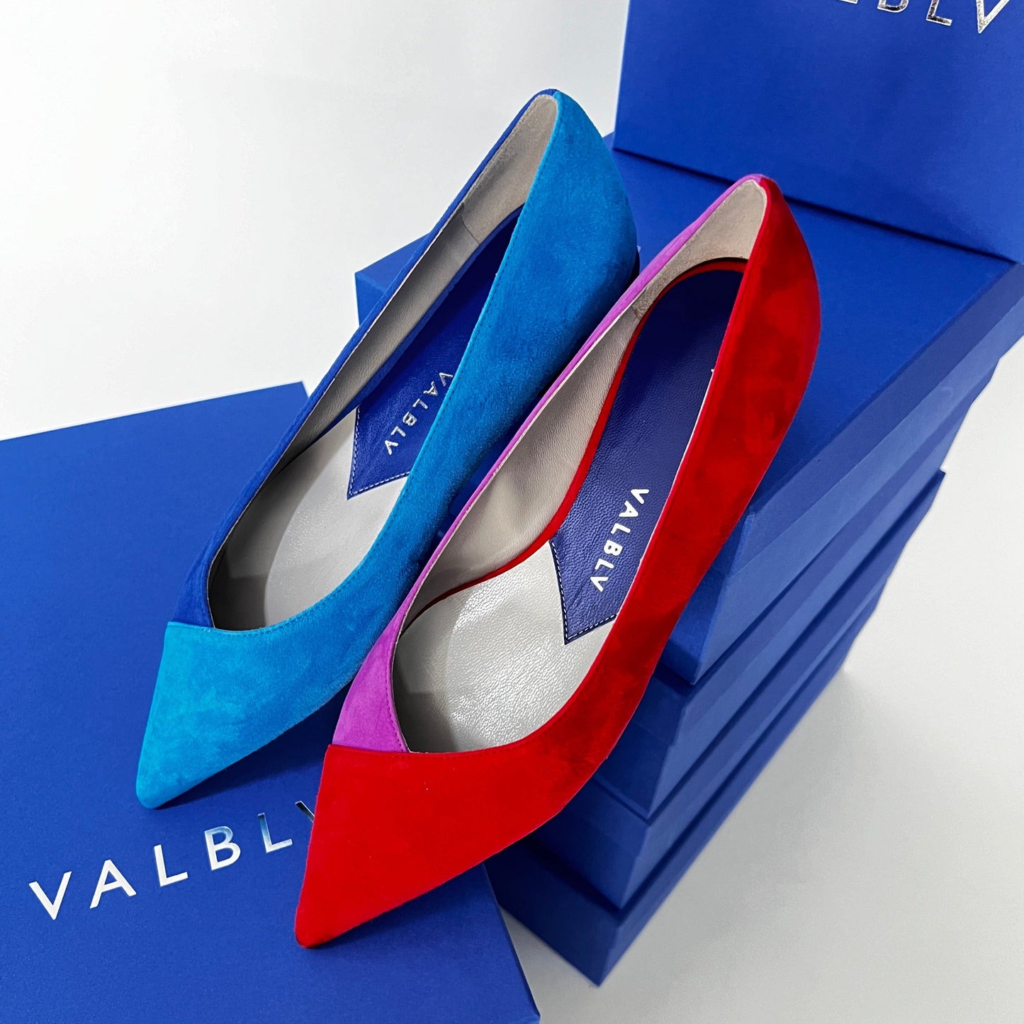 VALBLV Graphik mix and match suede flats — Magenta and Fire styled editorial