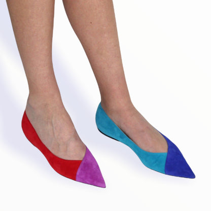 VALBLV Graphik pointed toe flat in Magenta and Fire suede mixed with suede sea and sky— detail view, handmade in Italy
