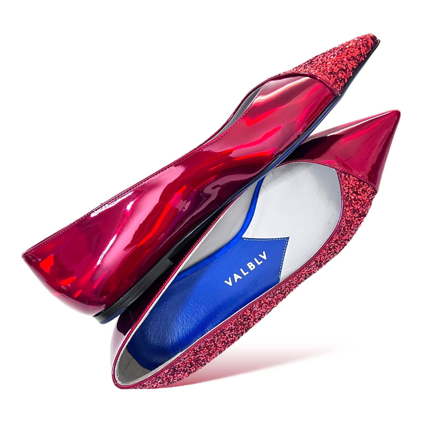 VALBLV Graphik red glitter ballet flat — side view, Italian leather lining and padded insole