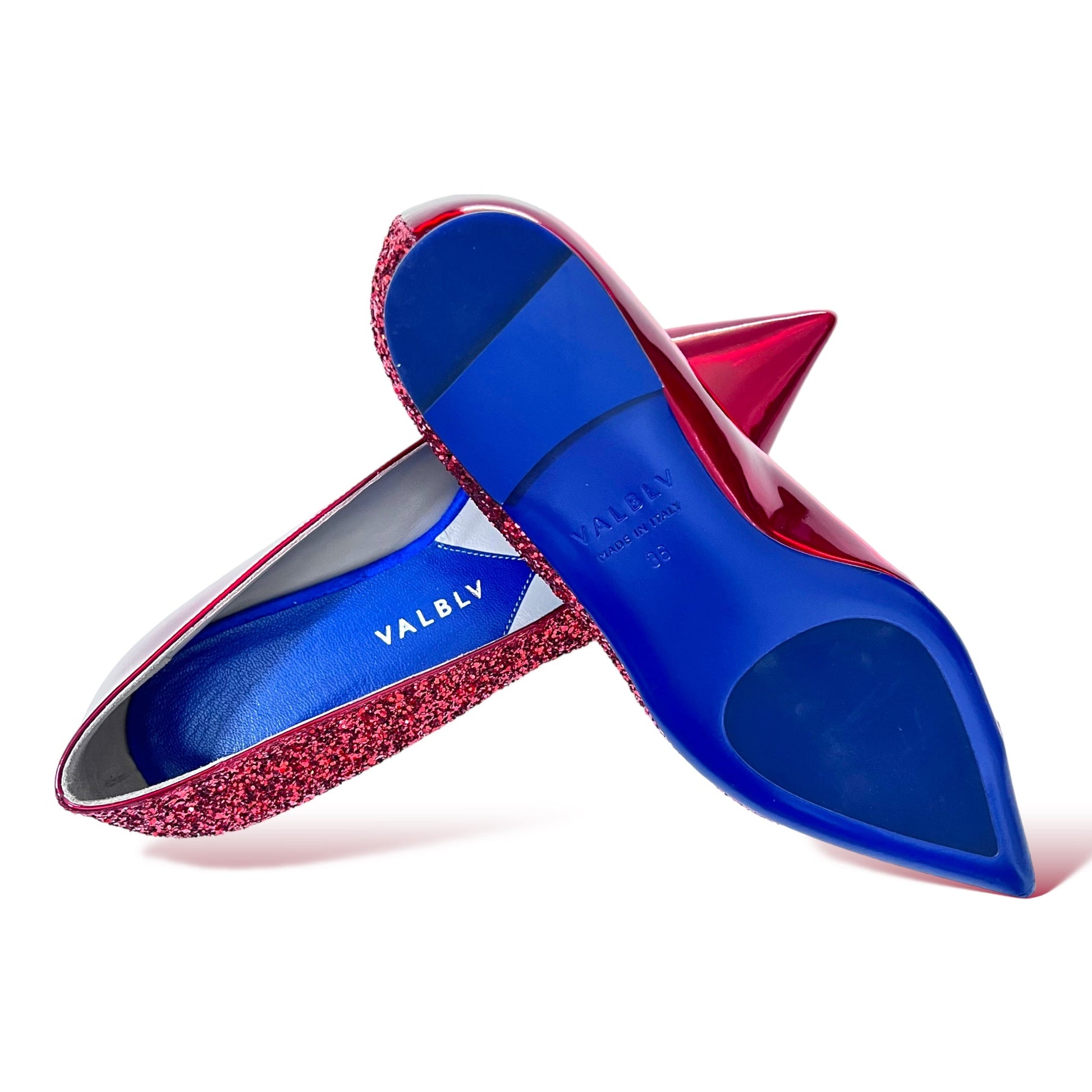 VALBLV Graphik red glitter flat — detail view, signature leather sole with anti-slip island
