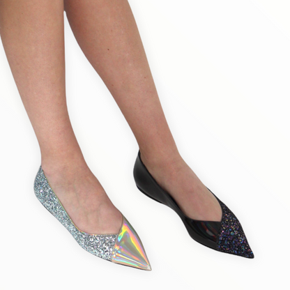 GRAPHIK FLAT IN BLACK IRIDESCENT GLITTER & PETROL STARDUST